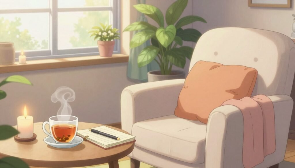 A serene indoor scene showcasing various self-care routines for mental health and well-being. In the foreground, a cozy armchair adorned with soft blankets and cushions, accompanied by a small table with a steaming mug of herbal tea, a journal, and a pen. The middle ground features a calming indoor plant and lit candles, creating a tranquil atmosphere, while a large window in the background allows soft, gentle sunlight to pour in, illuminating the space. The room is designed in soothing pastel colors, enhancing a sense of peace. Emphasize a mood of relaxation and introspection, capturing the essence of embracing self-care in daily life. Use a warm, soft lighting effect to evoke comfort and tranquility, shot from a slightly elevated angle to encompass the entire scene.