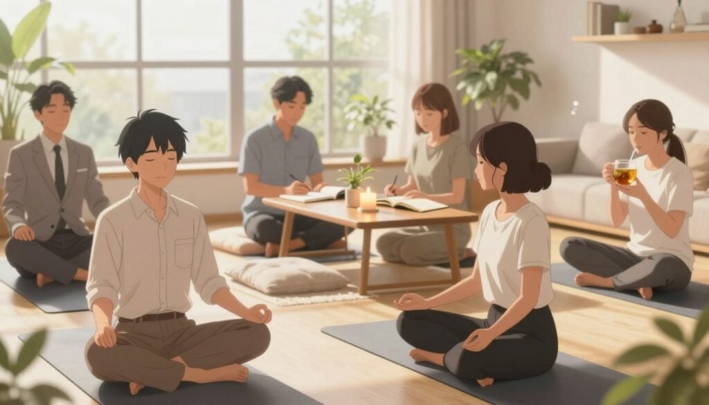 A serene wellness space designed for holistic self-care, featuring a peaceful indoor setting with soft, natural lighting. In the foreground, a cozy meditation area with plush cushions and a fragrant candle, alongside a small indoor plant. The middle ground includes a yoga mat with a person in modest casual clothing practicing yoga, embodying tranquility. In the background, large windows reveal a lush garden, enhancing the connection to nature. The scene conveys a harmonious atmosphere, promoting relaxation and mindfulness. Use a wide-angle lens to capture the depth and openness of the space, emphasizing the blend of mind, body, and spirit well-being practices. The color palette is soft and earthy, instilling a sense of calm and balance.