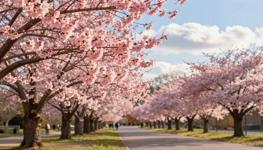 A breathtaking scene of cherry blossoms in full bloom during a sunny spring day. In the foreground, vibrant pink blossoms cascade from delicate branches, casting soft shadows on the ground below. The middle ground features a serene park path lined with cherry trees, their branches heavy with flowers, inviting viewers to stroll through this enchanting landscape. In the background, a bright blue sky is dotted with fluffy white clouds, enhancing the feeling of a hopeful, new beginning. The lighting is warm and golden, reminiscent of late afternoon, creating a peaceful atmosphere. The image is captured with a slightly blurred depth of field, focusing on the blossoms while allowing the background to gently fade, emphasizing the beauty of nature's cycle from budding trees to full bloom. A breathtaking scene of cherry blossoms in full bloom during a sunny spring day. In the foreground, vibrant pink blossoms cascade from delicate branches, casting soft shadows on the ground below. The middle ground features a serene park path lined with cherry trees, their branches heavy with flowers, inviting viewers to stroll through this enchanting landscape. In the background, a bright blue sky is dotted with fluffy white clouds, enhancing the feeling of a hopeful, new beginning. The lighting is warm and golden, reminiscent of late afternoon, creating a peaceful atmosphere. The image is captured with a slightly blurred depth of field, focusing on the blossoms while allowing the background to gently fade, emphasizing the beauty of nature's cycle from budding trees to full bloom.