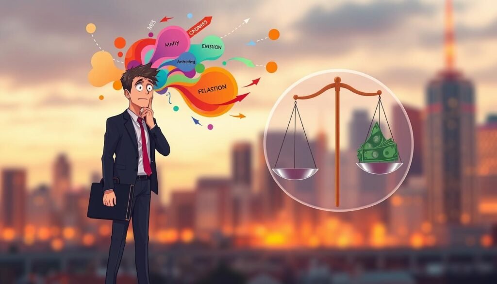 A conceptual illustration depicting cognitive biases affecting financial decision making. In the foreground, a worried business professional in smart attire stands, holding a briefcase with one hand, while the other hand points to a swirling cloud of colorful, abstract shapes representing various cognitive biases like confirmation bias, anchoring, and loss aversion. The middle ground features a large, translucent scale balancing money and mental influences, symbolizing the struggle between emotion and reason in financial choices. In the background, a blurred cityscape under warm, golden-hour lighting emphasizes the bustling financial environment. The mood is contemplative yet dynamic, highlighting the complexity of financial decision-making and the unseen forces at play.