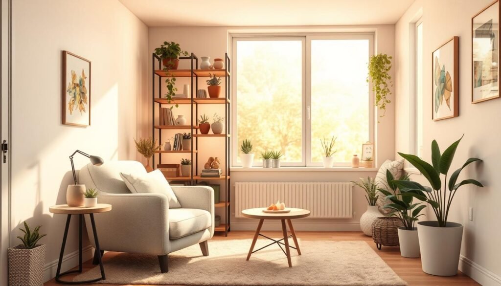 A cozy, inviting small space featuring creative home remodeling ideas. In the foreground, showcase a corner nook with a plush, minimalist armchair adorned with soft, neutral-colored throw pillows and a stylish accent table. In the middle, highlight a multipurpose shelving unit that cleverly combines storage and display, filled with plants and decorative items, creating a homely vibe. The background should have calming pastel walls and a large window letting in warm, natural light, enhancing the airy atmosphere. A soft area rug adds texture and warmth to the scene. Use a wide-angle lens effect to capture the cozy ambiance, ensuring the lighting is soft and diffused, invoking a sense of peace and relaxation in this transformed corner haven.