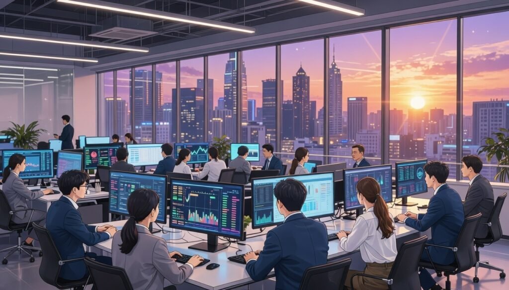 A futuristic, dynamic office space representing the fusion of technology and finance. In the foreground, a diverse group of professionals in business attire collaborate over digital displays, showcasing charts and data analytics. The middle layer features innovative technology like holographic interfaces and advanced financial software, illustrating real-time market shifts. In the background, a panoramic view of a bustling city skyline reflects the energy of a high-tech financial district, under a vibrant sunset casting warm light through large glass windows. The atmosphere is focused and optimistic, emphasizing progress in the shifting landscape of tech and finance, with sleek lines and a modern aesthetic. The image captures a sense of collaboration and innovation, ripe with future possibilities.