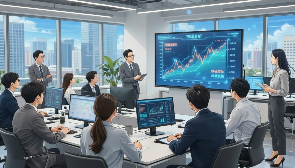 A futuristic office setting showcasing the strategic integration of technology in finance. In the foreground, a diverse group of professionals in business attire is engaged in a brainstorming session around a holographic display that illustrates financial trends and data visualizations. In the middle ground, sleek, modern workstations filled with advanced technology, such as touchscreens and financial software, enhance the scene. The background features panoramic windows with a city skyline, bathed in natural light, emphasizing a sense of innovation and progress. The atmosphere is dynamic and collaborative, capturing the essence of finance merging with cutting-edge technology. Use bright, clean lighting to highlight the professional environment, with a slight focus on the holographic display to draw the viewer’s attention.