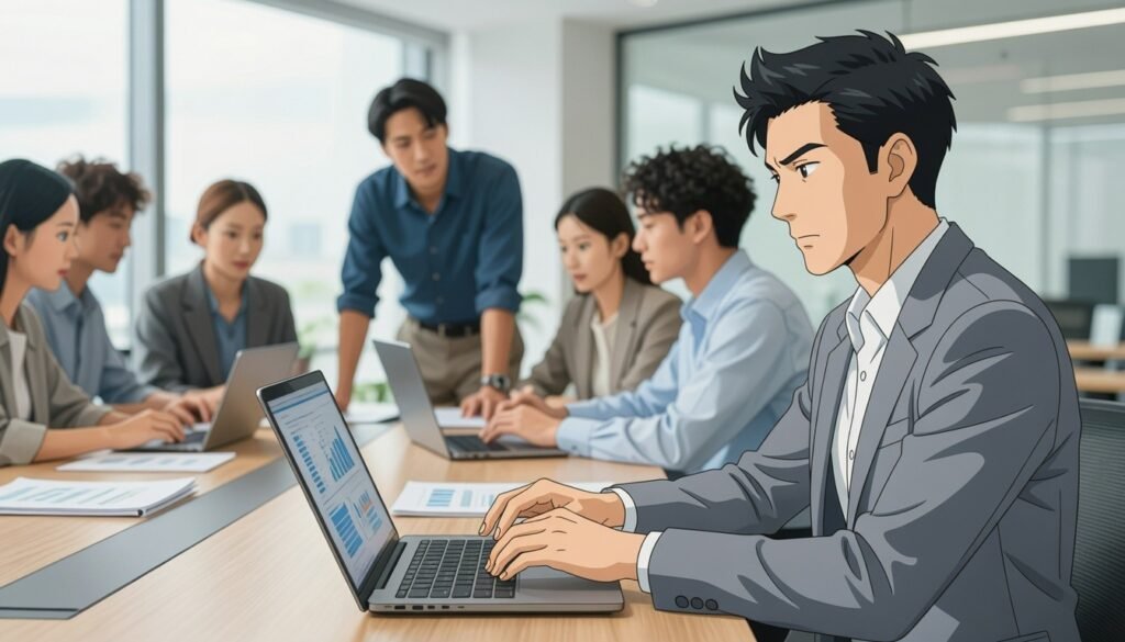A harmonious balance between technical and soft skills represented through a split scene. In the foreground, a professional woman in smart business attire is seen analyzing financial data on a laptop, showcasing technical skills. In the middle ground, a diverse group of colleagues engaged in a brainstorming session, symbolizing collaboration and communication skills. In the background, a modern office environment with large windows allowing natural light to pour in, creating an inviting and focused atmosphere. The lighting is bright and clear, emphasizing the dynamic energy of the workplace. The overall mood is one of confidence and synergy, depicting the fusion of technology and finance in a progressive setting.