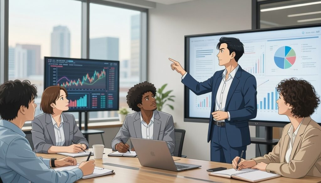 A modern office environment with a diverse group of professionals engaged in a collaborative learning session, surrounded by digital screens showcasing financial graphs and educational content. In the foreground, a young woman in smart business attire is presenting, pointing to an interactive chart, while a diverse audience attentively observes, taking notes. In the background, a sleek city skyline is visible through large windows, bathed in soft, warm daylight that creates a motivating atmosphere. The scene conveys a sense of innovation and adaptability, emphasizing the importance of lifelong learning in finance. The image captures a dynamic composition with a slight upward angle, highlighting the interaction and engagement among the professionals, while maintaining a clean and professional aesthetic.