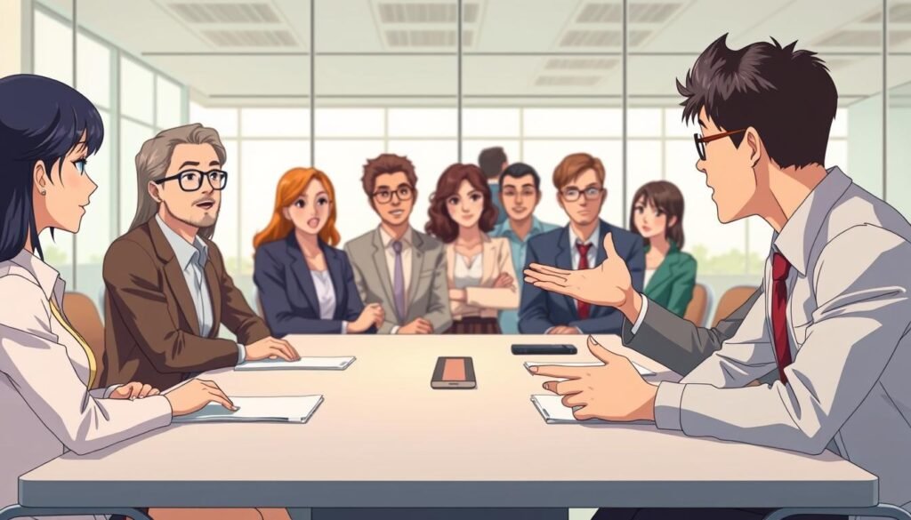 A professional setting where diverse individuals engage in a constructive debate, positioned around a sleek conference table. The foreground features two people in business attire, animatedly discussing their points—one gesturing thoughtfully, the other nodding in agreement, symbolizing active listening. The middle ground captures other participants observing the exchange with attentive expressions, showcasing a mix of ages and ethnicities, reflecting collaboration and respect. The background hints at a modern office space with glass walls, allowing soft, natural light to flood in, enhancing the atmosphere of openness and clarity. Use a slightly elevated angle to provide depth, and focus on warm tones to evoke a positive, empowering mood. The overall composition should illustrate the essence of effective communication strategies in argumentation.