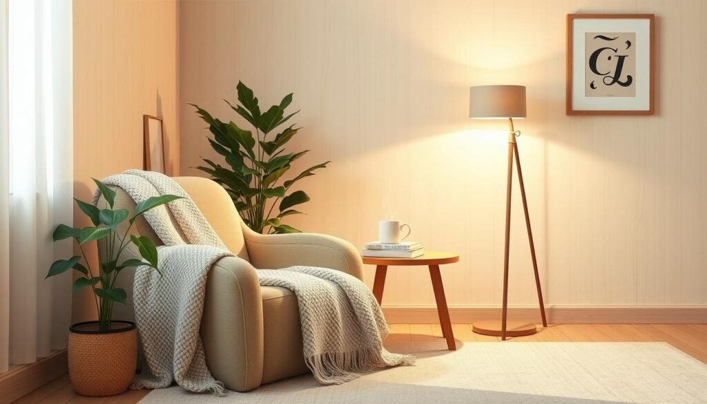 A serene and inviting corner interior design showcasing a cozy sanctuary. In the foreground, a plush, oversized armchair draped with a soft knit blanket, paired with a small wooden side table holding a steaming mug and a stack of books. The middle layer features a lush, leafy indoor plant beside a soothing, lightly patterned area rug. The background includes soft, ambient lighting from a stylish floor lamp casting a warm glow, accentuating neutral-toned walls adorned with minimal art. A peaceful atmosphere is conveyed through gentle pastel colors and natural wood elements, inviting relaxation and tranquility. Capture the essence of calm in this intimate space, shot with a slightly angled perspective to enhance depth and warmth.