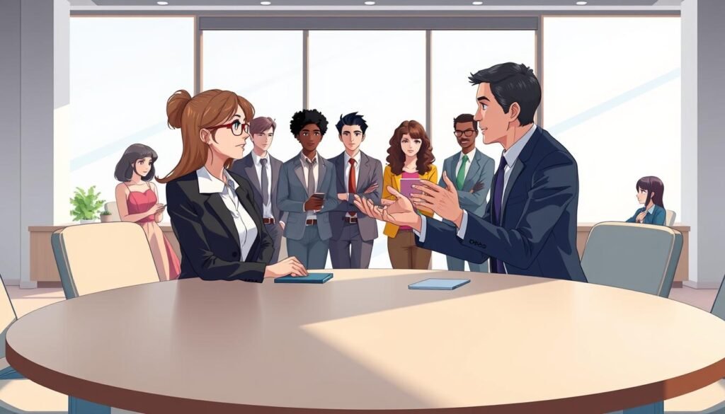 A serene conference room setting with a large round table in the foreground, where two business professionals, a woman and a man, are engaged in a calm discussion, both dressed in professional business attire. The woman is skillfully listening, while the man gestures emphatically yet respectfully, embodying the essence of persuasive communication strategies. In the middle ground, several diverse individuals observe and take notes, showcasing a collaborative atmosphere. The background features a large window with natural light streaming in, casting soft shadows that enhance the mood of constructive dialogue. The overall color palette consists of soft blues and warm earth tones to evoke a sense of harmony and resolution, emphasizing the paradox of winning through strategic surrender.