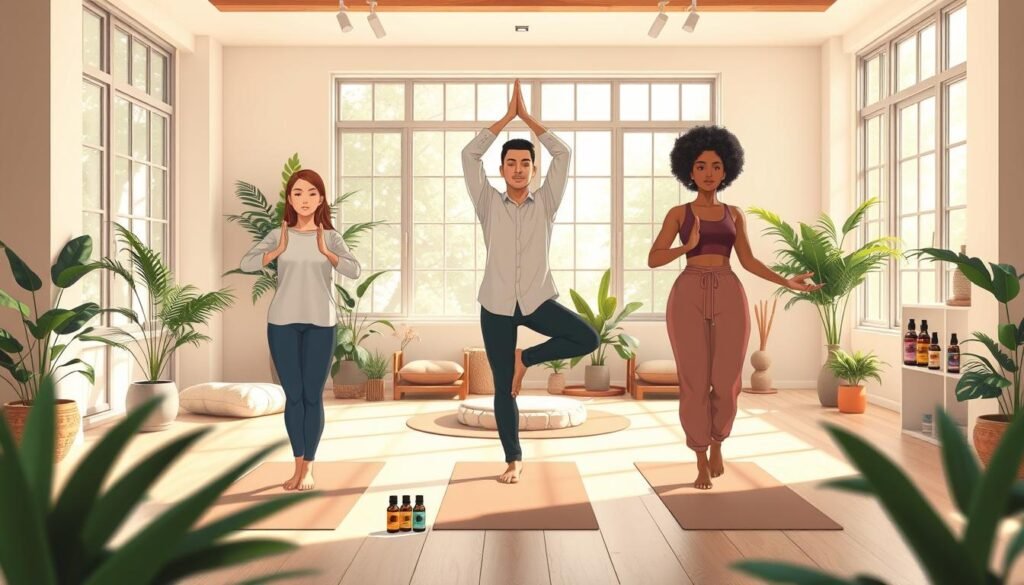 A serene indoor wellness space focused on holistic practices for total body health. In the foreground, a diverse group of three individuals (one Caucasian woman, one Hispanic man, one Black woman) are engaged in yoga poses, wearing modest and professional activewear. The middle ground features a tranquil meditation area with soft cushions and plants for a calming atmosphere. In the background, natural light floods through large windows, illuminating a selection of wellness tools like essential oils, herbal teas, and exercise mats. The overall color palette is soft and earthy, conveying tranquility and balance. The scene should evoke feelings of peace and well-being, with a focus on harmony between body and mind. A serene indoor wellness space focused on holistic practices for total body health. In the foreground, a diverse group of three individuals (one Caucasian woman, one Hispanic man, one Black woman) are engaged in yoga poses, wearing modest and professional activewear. The middle ground features a tranquil meditation area with soft cushions and plants for a calming atmosphere. In the background, natural light floods through large windows, illuminating a selection of wellness tools like essential oils, herbal teas, and exercise mats. The overall color palette is soft and earthy, conveying tranquility and balance. The scene should evoke feelings of peace and well-being, with a focus on harmony between body and mind.