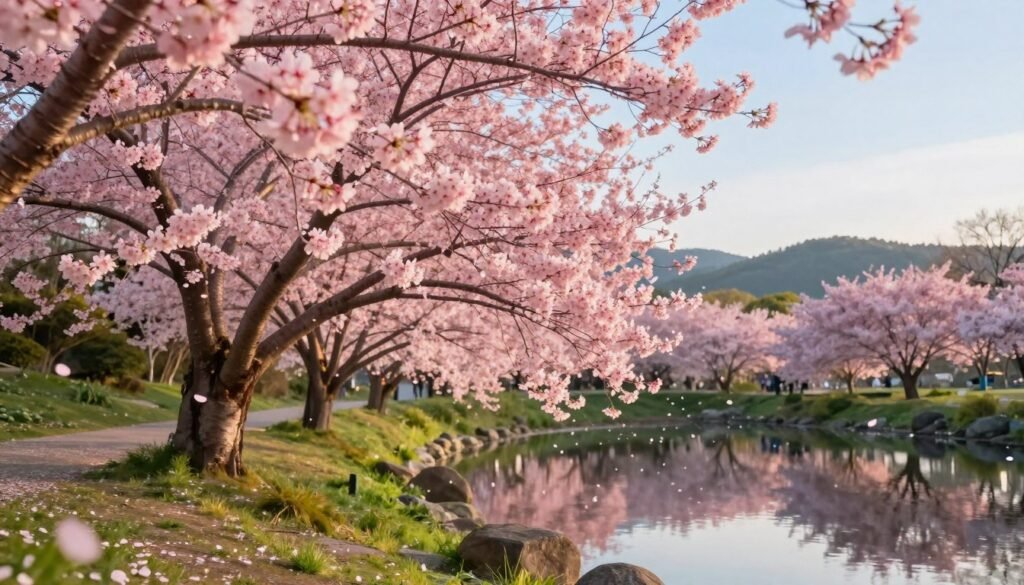 A serene landscape featuring a vibrant cherry blossom tree in full bloom, its delicate pink flowers creating a soft canopy. In the foreground, gently falling petals drift on a light breeze, embodying the concept of renewal and beauty. The middle ground showcases a tranquil pond reflecting the tree, with hints of green grass and small rocks around its edges, adding to the lush setting. In the background, rolling hills and a clear blue sky enhance the idyllic scene. The composition is captured with a warm, golden hour lighting that bathes the scene in a gentle glow, evoking feelings of hope and tranquility. The atmosphere is peaceful and contemplative, inviting viewers to appreciate the timeless allure and symbolism of cherry blossoms. A serene landscape featuring a vibrant cherry blossom tree in full bloom, its delicate pink flowers creating a soft canopy. In the foreground, gently falling petals drift on a light breeze, embodying the concept of renewal and beauty. The middle ground showcases a tranquil pond reflecting the tree, with hints of green grass and small rocks around its edges, adding to the lush setting. In the background, rolling hills and a clear blue sky enhance the idyllic scene. The composition is captured with a warm, golden hour lighting that bathes the scene in a gentle glow, evoking feelings of hope and tranquility. The atmosphere is peaceful and contemplative, inviting viewers to appreciate the timeless allure and symbolism of cherry blossoms.