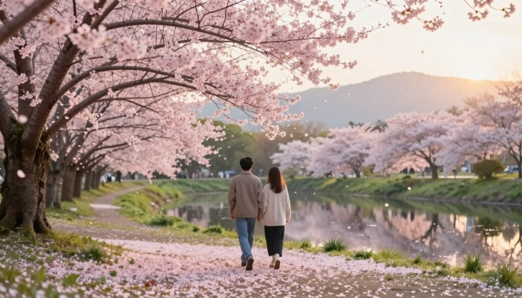 A serene scene depicting a cherry blossom tree in full bloom, showcasing delicate pink flowers fluttering gently in the breeze. In the foreground, a soft carpet of fallen petals blankets the ground, while a couple dressed in modest casual clothing strolls hand in hand, embodying new beginnings. The middle ground features a tranquil pond reflecting the blooms, surrounded by lush green grass. In the background, distant mountains are bathed in warm, golden sunlight, casting a peaceful glow over the landscape. The atmosphere is filled with a sense of renewal and hope, inviting viewers to contemplate the beauty of life's transitions. Rendered with a soft focus lens, capturing the gentle play of light and shadow for an ethereal effect. A serene scene depicting a cherry blossom tree in full bloom, showcasing delicate pink flowers fluttering gently in the breeze. In the foreground, a soft carpet of fallen petals blankets the ground, while a couple dressed in modest casual clothing strolls hand in hand, embodying new beginnings. The middle ground features a tranquil pond reflecting the blooms, surrounded by lush green grass. In the background, distant mountains are bathed in warm, golden sunlight, casting a peaceful glow over the landscape. The atmosphere is filled with a sense of renewal and hope, inviting viewers to contemplate the beauty of life's transitions. Rendered with a soft focus lens, capturing the gentle play of light and shadow for an ethereal effect.