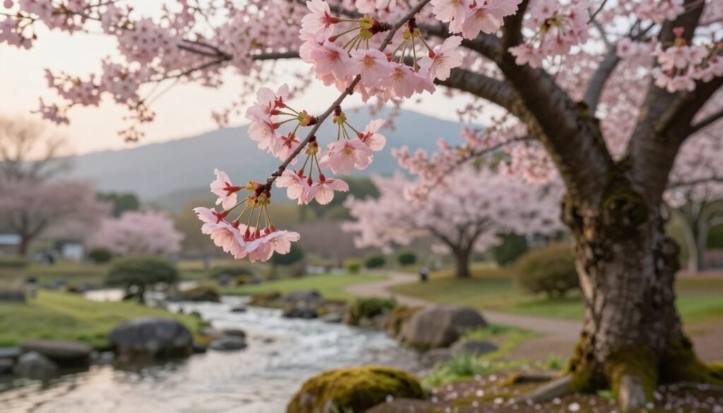 A serene scene of cherry blossoms embodying the essence of wabi sabi, with delicate pink petals cascading gently from a gracefully aged cherry tree. In the foreground, a single cherry blossom branch, with a few blossoms partially wilted, symbolizes imperfection and the beauty of transience. The middle ground features a tranquil garden, with soft moss-covered stones and gentle waves of green grass, enhancing the natural beauty. In the background, a distant mountain shrouded in mist adds depth and serenity to the composition. The lighting is soft and warm, mimicking the golden hour, casting a peaceful glow across the scene. A shallow depth of field focuses on the blossoms while blurring the background slightly, creating an inviting and introspective atmosphere, capturing the Japanese spirit of beauty in simplicity and the fleeting nature of life. A serene scene of cherry blossoms embodying the essence of wabi sabi, with delicate pink petals cascading gently from a gracefully aged cherry tree. In the foreground, a single cherry blossom branch, with a few blossoms partially wilted, symbolizes imperfection and the beauty of transience. The middle ground features a tranquil garden, with soft moss-covered stones and gentle waves of green grass, enhancing the natural beauty. In the background, a distant mountain shrouded in mist adds depth and serenity to the composition. The lighting is soft and warm, mimicking the golden hour, casting a peaceful glow across the scene. A shallow depth of field focuses on the blossoms while blurring the background slightly, creating an inviting and introspective atmosphere, capturing the Japanese spirit of beauty in simplicity and the fleeting nature of life.