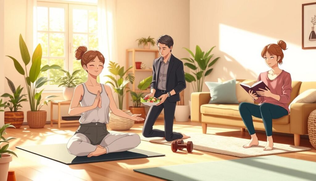 A serene wellness scene illustrating healthy lifestyle tips for physical and mental well-being. In the foreground, a diverse group of three adults in professional casual attire is engaging in various activities: one person is meditating on a yoga mat, another is preparing a colorful salad, and the third is journaling with a serene expression. The middle ground features a cozy, well-lit living room adorned with plants, a fitness corner with dumbbells, and a soft rug. The background includes a sunlit window revealing a lush green garden, enhancing a sense of tranquility. The atmosphere feels uplifting and encouraging, with warm natural lighting that creates a peaceful ambiance, inviting viewers to adopt these wellness strategies. A serene wellness scene illustrating healthy lifestyle tips for physical and mental well-being. In the foreground, a diverse group of three adults in professional casual attire is engaging in various activities: one person is meditating on a yoga mat, another is preparing a colorful salad, and the third is journaling with a serene expression. The middle ground features a cozy, well-lit living room adorned with plants, a fitness corner with dumbbells, and a soft rug. The background includes a sunlit window revealing a lush green garden, enhancing a sense of tranquility. The atmosphere feels uplifting and encouraging, with warm natural lighting that creates a peaceful ambiance, inviting viewers to adopt these wellness strategies.