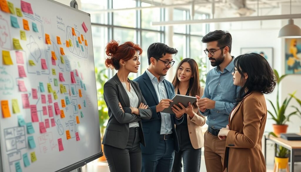A serene workspace showcasing a variety of creativity techniques to overcome mental blocks. In the foreground, a large whiteboard filled with colorful mind maps, sticky notes, and sketches, symbolizing brainstorming and ideation. In the middle ground, a diverse group of four professionals dressed in smart casual attire, thoughtfully engaging in discussion, with one person presenting ideas using a tablet. The background features a bright, airy office with large windows letting in natural light, potted plants, and artistic decor, creating an inspiring atmosphere. Soft lighting enhances the mood of collaboration and innovation, while a slight depth of field focuses on the interaction among the group, conveying a sense of dynamic creativity and problem-solving. A serene workspace showcasing a variety of creativity techniques to overcome mental blocks. In the foreground, a large whiteboard filled with colorful mind maps, sticky notes, and sketches, symbolizing brainstorming and ideation. In the middle ground, a diverse group of four professionals dressed in smart casual attire, thoughtfully engaging in discussion, with one person presenting ideas using a tablet. The background features a bright, airy office with large windows letting in natural light, potted plants, and artistic decor, creating an inspiring atmosphere. Soft lighting enhances the mood of collaboration and innovation, while a slight depth of field focuses on the interaction among the group, conveying a sense of dynamic creativity and problem-solving.
