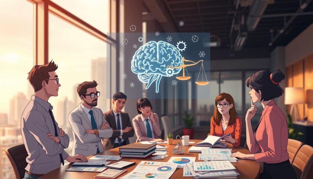 A thought-provoking scene illustrating cognitive biases in finance affecting daily spending decisions. In the foreground, a thoughtful, diverse group of individuals in professional business attire gathers around a table covered with various financial documents and colorful charts, symbolizing analysis and decision-making. In the middle, a transparent overlay of brain gears and scales floats above the table, representing the cognitive processes and biases at play, like loss aversion and anchoring. In the background, a soft-lit, modern office space with large windows showcases a view of a bustling city, evoking a sense of urgency and contemporary life. The mood is contemplative yet dynamic, with warm lighting that invites reflection on personal finance decisions.