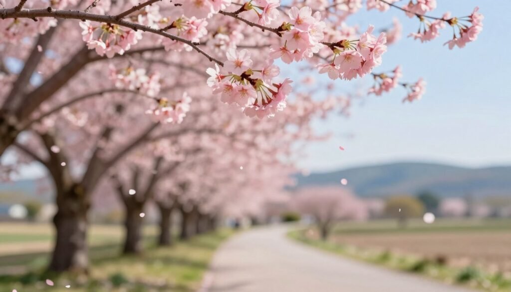 A tranquil scene of cherry blossoms in full bloom, symbolizing personal growth and renewal. In the foreground, delicate pink blossoms cluster on graceful branches, their petals gently falling like whispers of change. The middle ground features a serene pathway lined with cherry trees, inviting reflection and introspection, as soft sunlight filters through the branches, casting warm, dappled light on the ground. In the background, a soft-focus landscape fades into rolling hills under a clear blue sky, representing the passage of time and the promise of new beginnings. The overall mood is peaceful and uplifting, evoking a sense of hope and transformation, with a shallow depth of field that emphasizes the beauty of the blossoms. A tranquil scene of cherry blossoms in full bloom, symbolizing personal growth and renewal. In the foreground, delicate pink blossoms cluster on graceful branches, their petals gently falling like whispers of change. The middle ground features a serene pathway lined with cherry trees, inviting reflection and introspection, as soft sunlight filters through the branches, casting warm, dappled light on the ground. In the background, a soft-focus landscape fades into rolling hills under a clear blue sky, representing the passage of time and the promise of new beginnings. The overall mood is peaceful and uplifting, evoking a sense of hope and transformation, with a shallow depth of field that emphasizes the beauty of the blossoms.