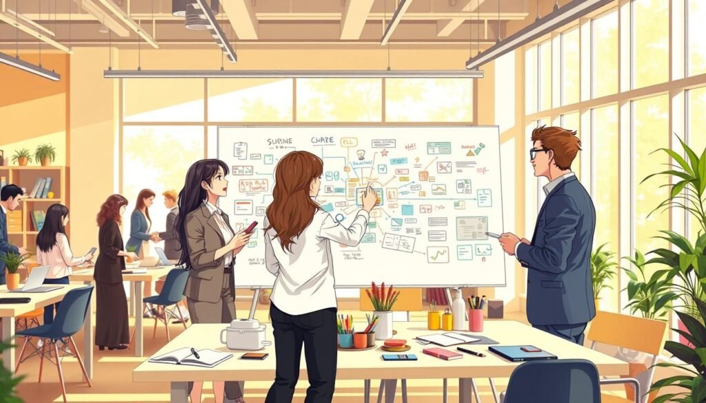 A vibrant co-working space filled with diverse professionals engaged in creativity exercises. In the foreground, a group of three individuals—two women in smart casual attire and one man in business attire—are brainstorming ideas around a large whiteboard filled with colorful mind maps and sketches. The middle layer shows tables scattered with art supplies, notebooks, and digital devices, suggesting an atmosphere of innovation. In the background, large windows allow natural light to flood the room, enhancing a sense of openness and inspiration. The overall mood is dynamic and collaborative, encouraging innovation and creative energy. The image is well-lit, with a warm color palette, conveying an inviting and stimulating environment. A vibrant co-working space filled with diverse professionals engaged in creativity exercises. In the foreground, a group of three individuals—two women in smart casual attire and one man in business attire—are brainstorming ideas around a large whiteboard filled with colorful mind maps and sketches. The middle layer shows tables scattered with art supplies, notebooks, and digital devices, suggesting an atmosphere of innovation. In the background, large windows allow natural light to flood the room, enhancing a sense of openness and inspiration. The overall mood is dynamic and collaborative, encouraging innovation and creative energy. The image is well-lit, with a warm color palette, conveying an inviting and stimulating environment.
