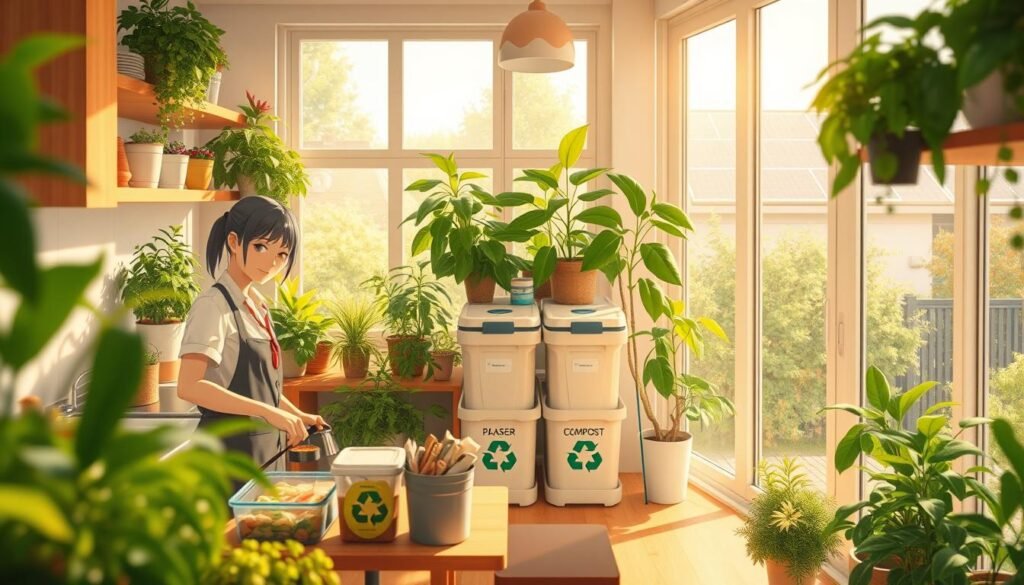 A vibrant, sunlit kitchen filled with lush indoor plants, showcasing a variety of environmentally conscious practices. In the foreground, a person in smart casual attire is seen preparing a meal using locally sourced ingredients, with reusable containers and utensils on a wooden countertop. The middle layer features a recycling station filled with glass, paper, and compost bins, emphasizing sustainable waste management. In the background, large windows let in natural light and provide a view of a well-tended garden with solar panels on the roof. The atmosphere is warm and inviting, with soft, golden lighting enhancing the sense of a harmonious living space that promotes sustainability. A wide-angle perspective captures the essence of eco-friendly living in daily life.