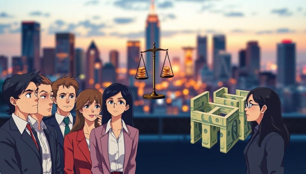 A visually engaging composition illustrating cognitive biases that influence financial behavior patterns. In the foreground, a diverse group of individuals in professional business attire, each showcasing different emotional expressions related to financial decision-making, such as confusion, optimism, and skepticism. The middle ground features symbolic representations of common cognitive biases, such as a scale tipping over with coins (anchoring bias) and a maze made of dollar bills (loss aversion). In the background, a blurred city skyline at twilight, with warm lighting casting a soft glow to create a reflective and contemplative mood. The angle is slightly elevated, offering a dynamic perspective that invites the viewer to ponder their own financial behaviors. No text or logos.