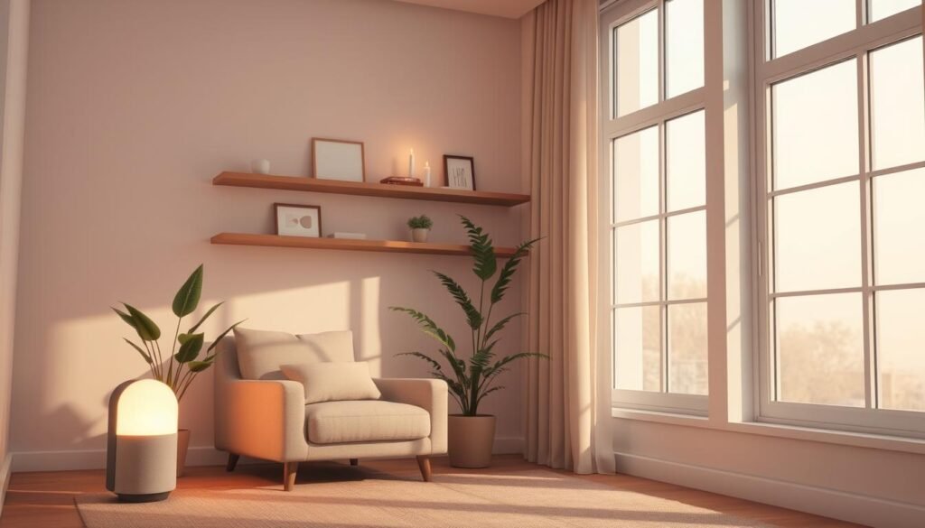 A well-designed smart home corner that exudes tranquility, featuring an inviting reading nook with a plush armchair and soft, muted pillows. The foreground includes a sleek, modern smart speaker gently illuminating the space with a warm glow, while a small indoor plant adds a touch of greenery. In the middle ground, large windows let in soft, natural light, casting gentle shadows that enhance the calm atmosphere. The background showcases minimalist shelving adorned with soothing decor, such as calming artwork and carefully arranged candles. The overall color palette is soft pastels and earthy tones, creating a serene ambiance. The scene is designed with a wide-angle view to capture the harmony of the space, emphasizing simplicity and comfort in a smart home environment.