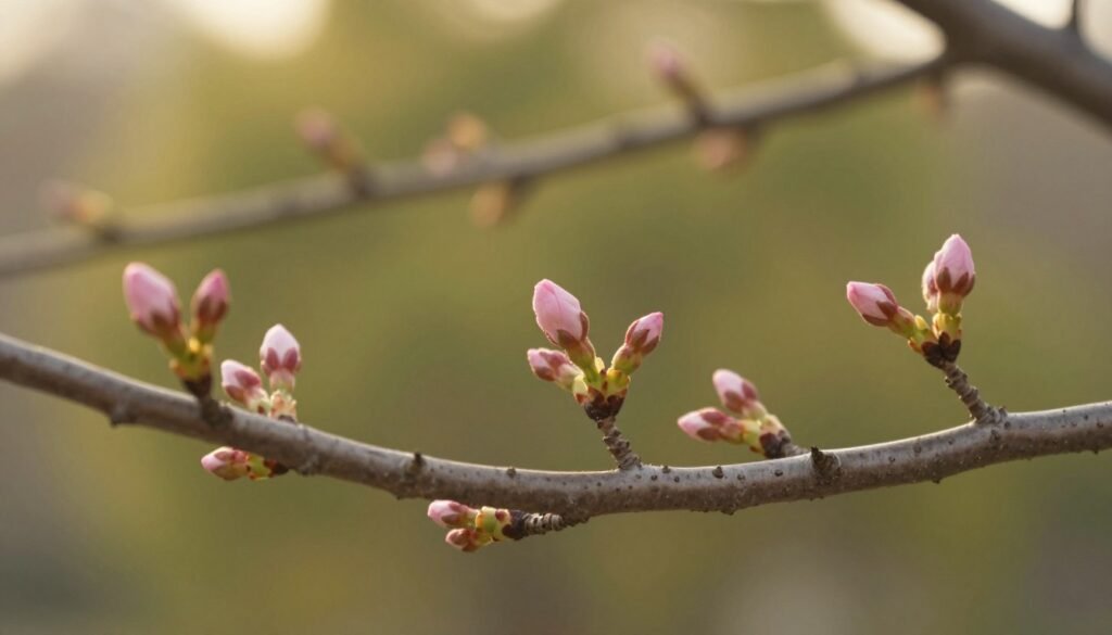 Cherry blossom buds on a serene tree, delicately poised against a soft, blurred background of gentle green foliage. The foreground features textured branches, adorned with clusters of closed pink buds hinting at their impending bloom, symbolizing hope and renewal. The lighting is warm and golden, reminiscent of early morning sunlight filtering through the blossoms, enhancing the softness of the scene. The angle captures the buds from a slightly low perspective, giving them prominence and celebrating their potential growth. The atmosphere is peaceful and contemplative, inviting viewers to reflect on the beauty of new beginnings and the lessons nature offers through its cyclical transformations. Cherry blossom buds on a serene tree, delicately poised against a soft, blurred background of gentle green foliage. The foreground features textured branches, adorned with clusters of closed pink buds hinting at their impending bloom, symbolizing hope and renewal. The lighting is warm and golden, reminiscent of early morning sunlight filtering through the blossoms, enhancing the softness of the scene. The angle captures the buds from a slightly low perspective, giving them prominence and celebrating their potential growth. The atmosphere is peaceful and contemplative, inviting viewers to reflect on the beauty of new beginnings and the lessons nature offers through its cyclical transformations.