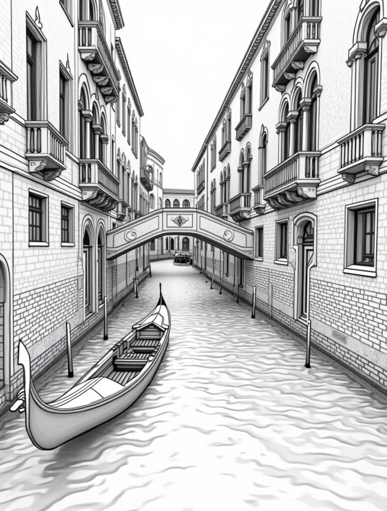 A detailed black and white line art of a narrow Venice canal with a traditional gondola and an ancient stone bridge, adult coloring page style.
