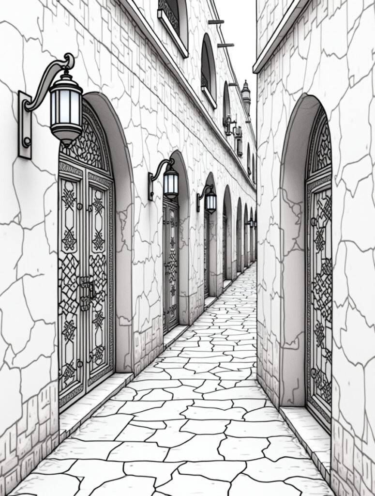 A detailed line art illustration of an ancient narrow street in the Medina of Fes, Morocco, featuring carved wooden doors and traditional lanterns.