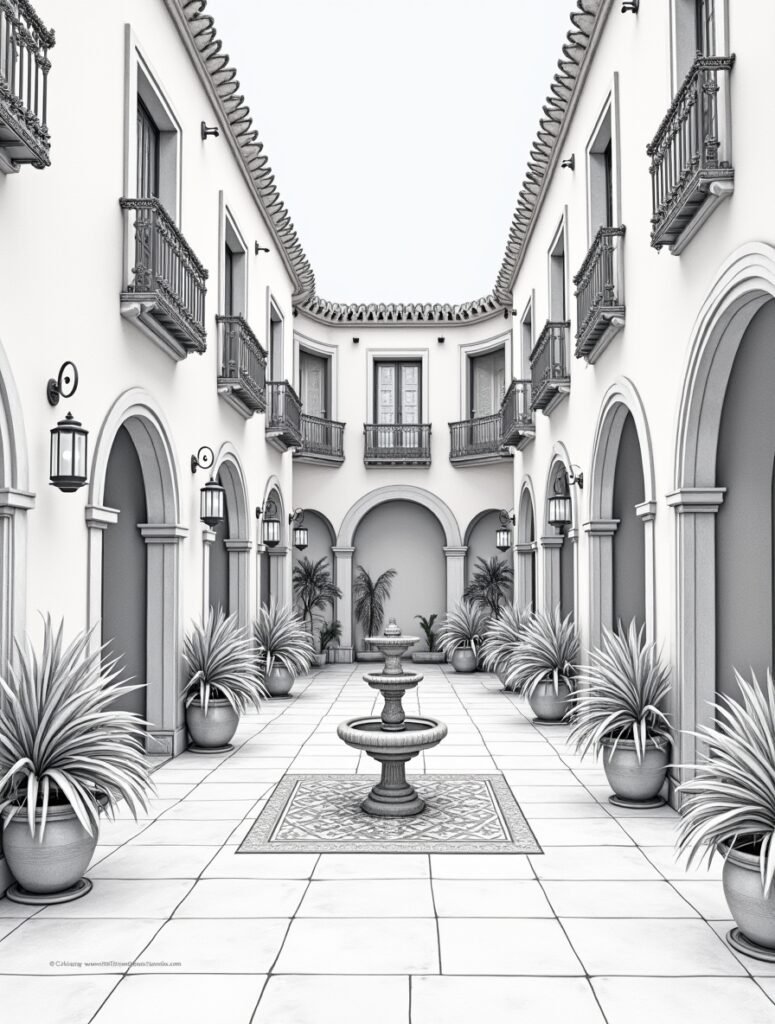 An intricate line art drawing of a traditional Spanish patio in Cordoba with arched architecture, a central water fountain, and hanging flower pots.
