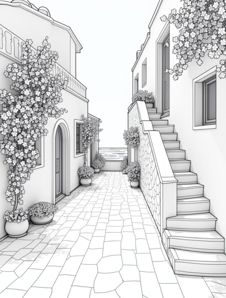 A beautiful black and white line art of a narrow Santorini alleyway with whitewashed buildings, stone stairs, and climbing flowers overlooking the sea.