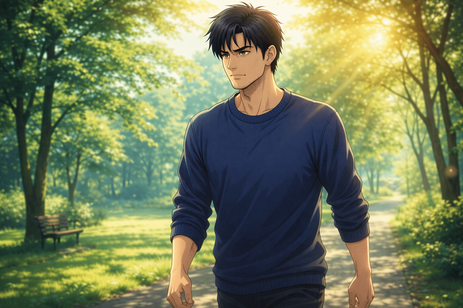 A middle-aged man walks confidently and calmly in a bright green garden, sunlight filtering through the trees, reflecting the beginning of a journey of recovery and progress towards healing.