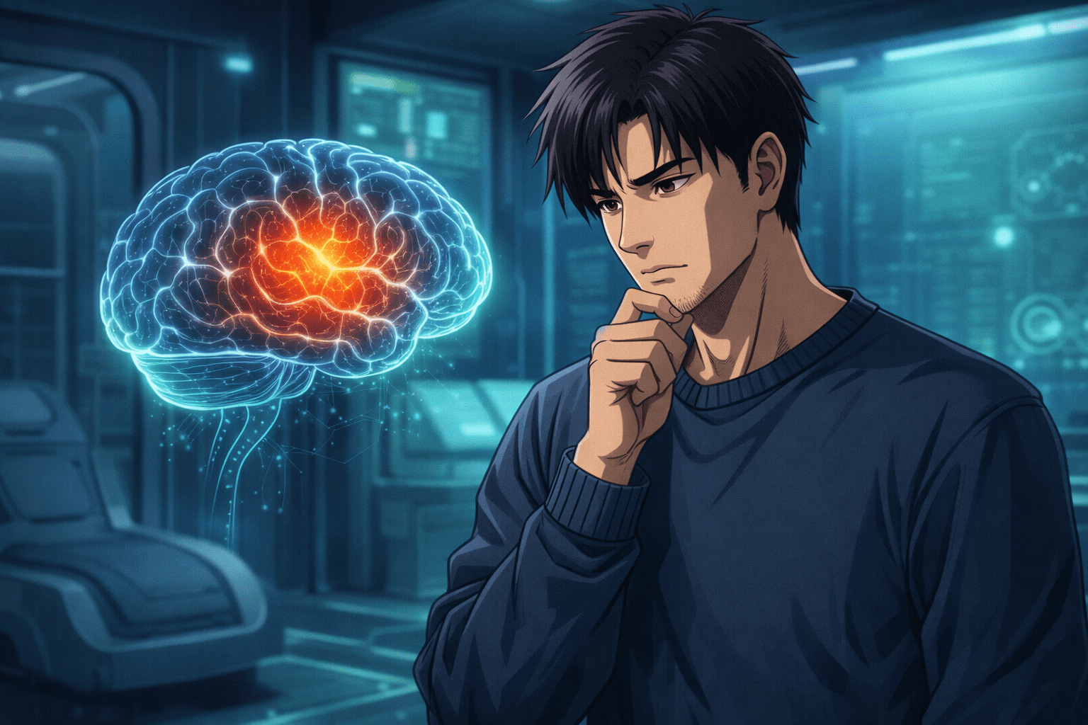 A middle-aged man stands in a futuristic science setting, looking at a three-dimensional model of a human brain that lights up in the anterior cingulate cortex (ACC) region, symbolizing social pain and neural activity.
