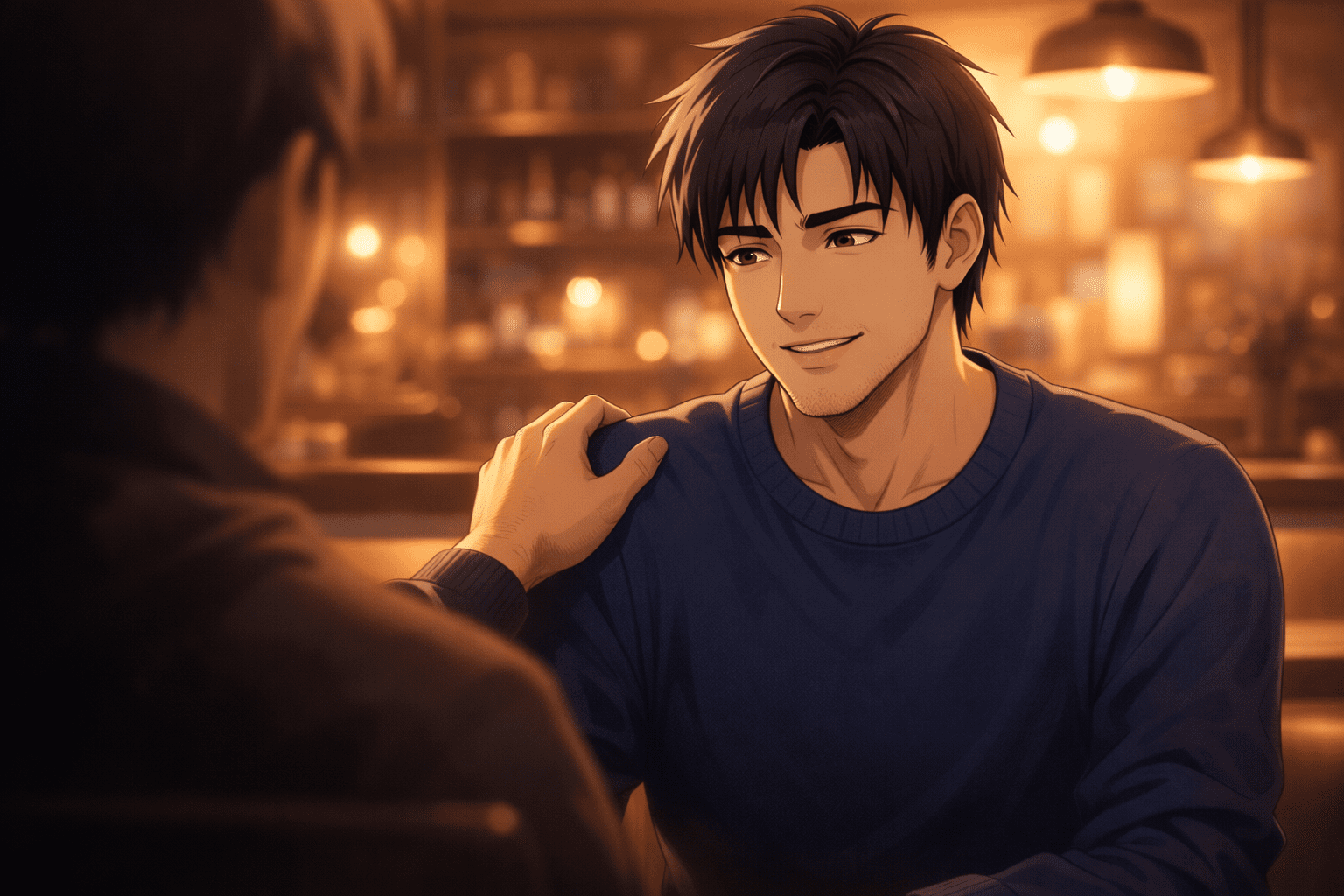 A middle-aged man sits in a cozy cafe, talking to a friend who puts his hand on his shoulder, expressing the support and comfort that social connection provides in times of hardship.