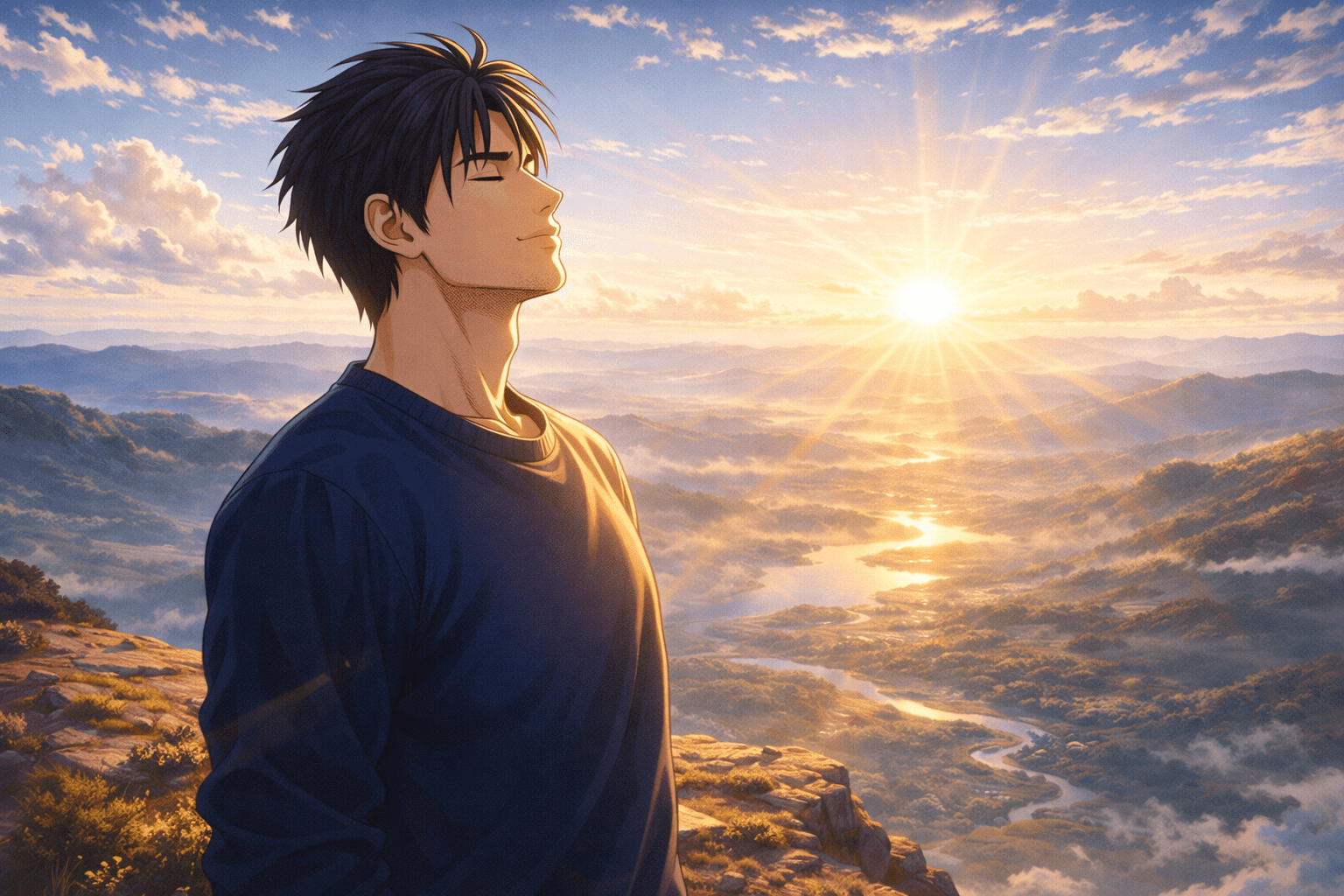 A middle-aged man stands on a mountaintop overlooking a wide and beautiful landscape at sunrise, raising his head to the sky in an expression of liberation, inner peace, and strength after overcoming pain.