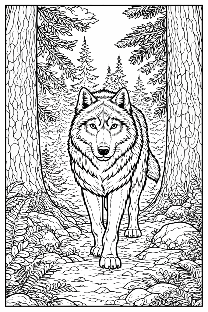 Wolf coloring page walking among trees