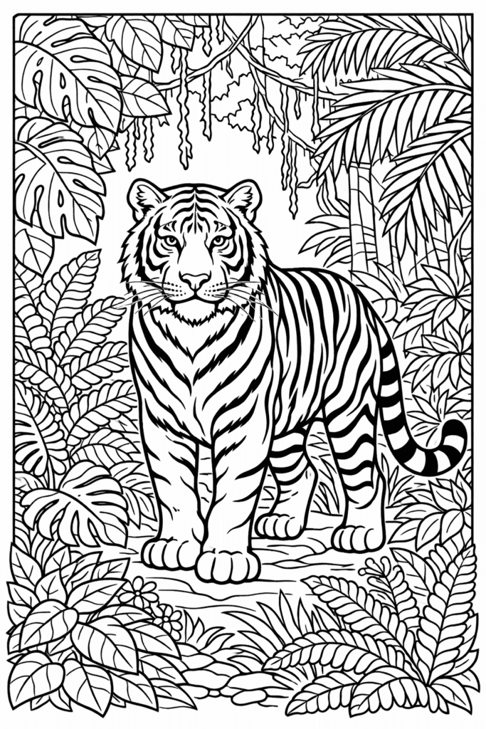 Tiger coloring page standing in the wild