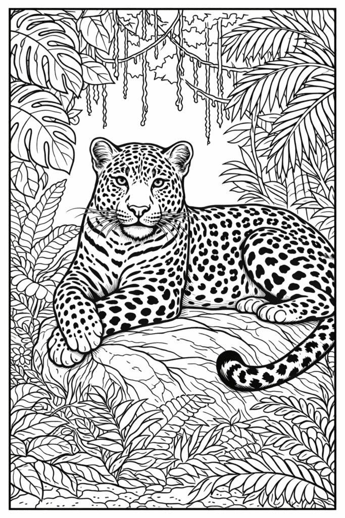 Leopard coloring page resting on a rock