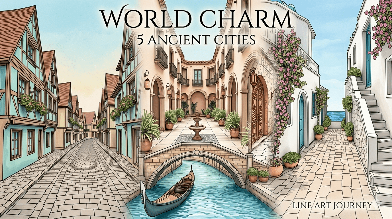A vibrant, colorful illustrated montage of five iconic historic tourist cities in a detailed line art style. The image features a Venice canal with a gondola, the half-timbered houses of Colmar, the whitewashed arches and flower-filled alleys of Santorini, an Andalusian courtyard fountain from Cordoba, and intricate Moroccan arches from Fes, all intertwined with flowers and street lanterns.