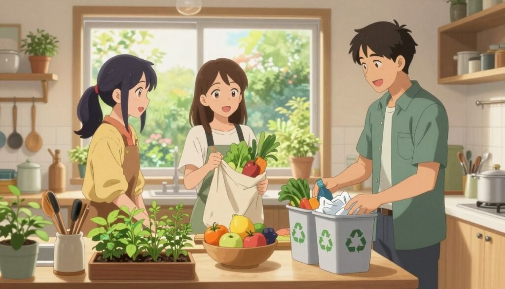 A charming, serene kitchen scene bathed in warm, natural light, featuring a diverse group of three people—two women and one man—dressed in modest, colorful casual clothing. They are joyfully engaged in sustainable practices: one person is using a reusable cloth bag to store fresh produce, while another is demonstrating how to sort recyclables into labeled bins. In the foreground, a small indoor herb garden thrives on the windowsill, surrounded by eco-friendly kitchen tools. The middle of the scene showcases vibrant fruits and vegetables in a bowl, emphasizing health and sustainability. In the background, a large window reveals a lush garden. The atmosphere exudes warmth, community, and a commitment to eco-friendly living, with a soft focus to evoke a sense of peace and harmony with nature.