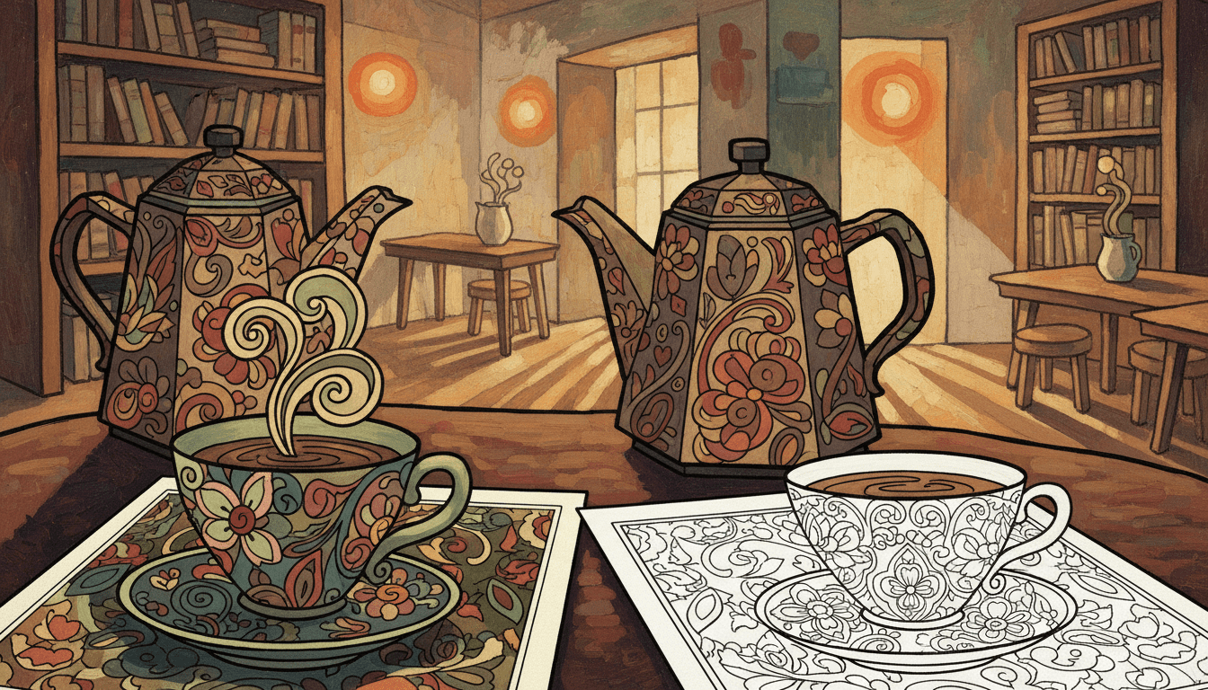 coffee and tea coloring, cozy beverage art