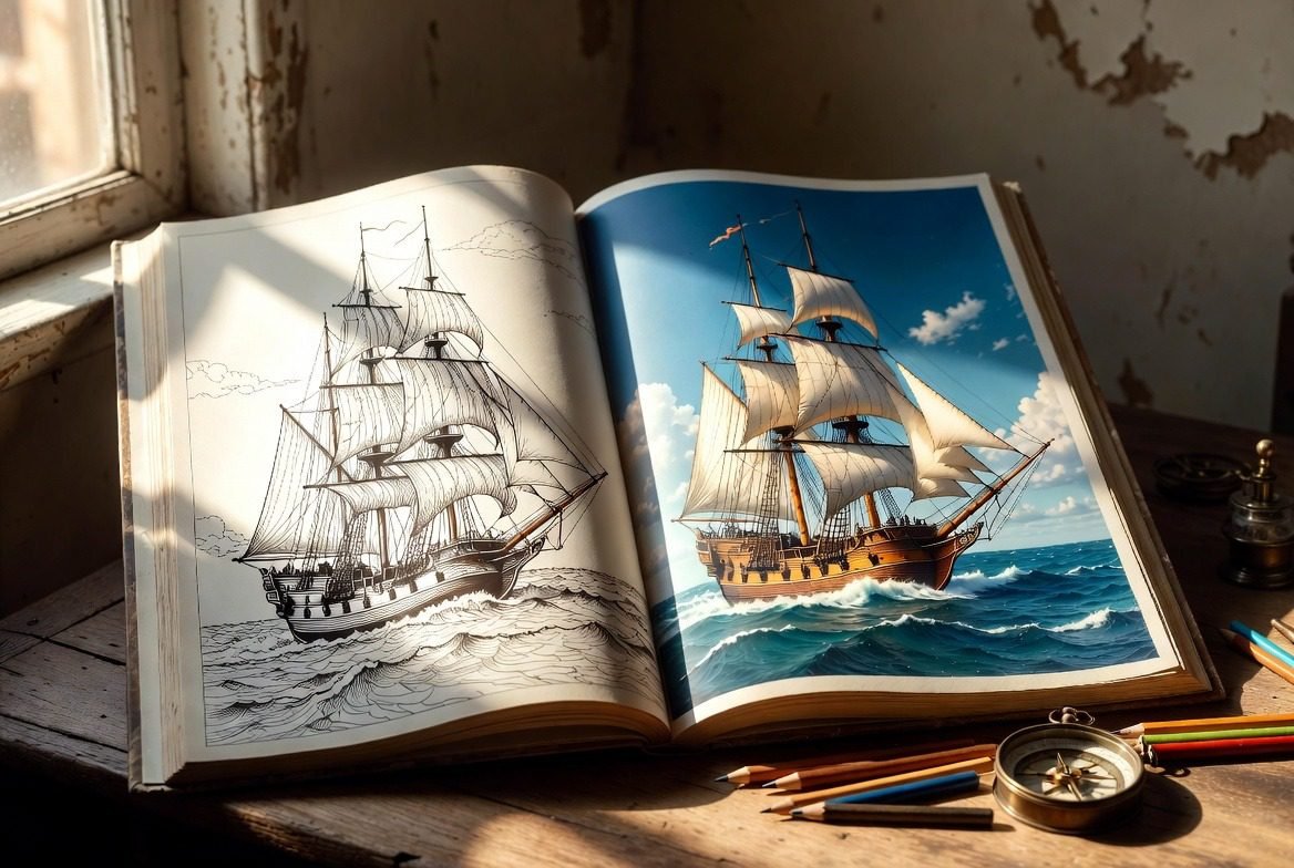 sailing ship coloring, maritime history art