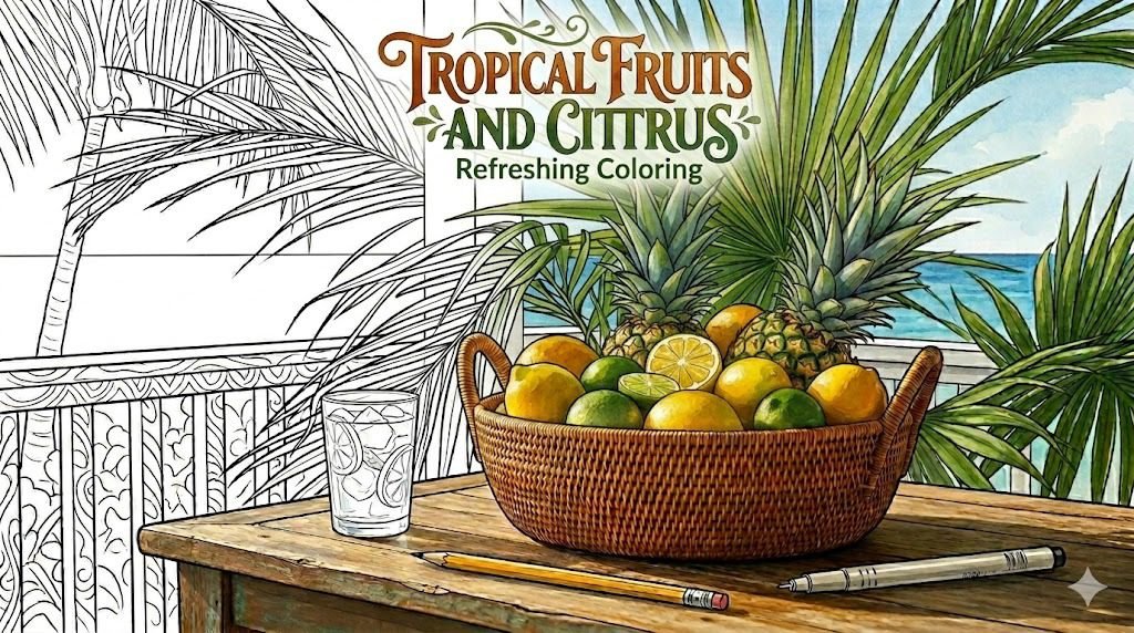 tropical fruits and citrus refreshing summer coloring pages
