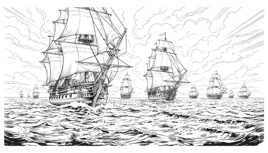 vintage artwork showing sailing ships on the sea from the 18th century